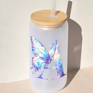 Personalized Butterfly Initial “A” Frosted Glass Tumbler – 16oz Cup with Bamboo Lid & Straw