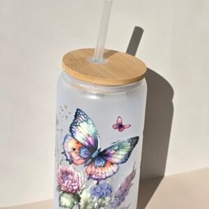 Butterfly Floral 16oz Frosted Glass Tumbler with Bamboo Lid & Straw