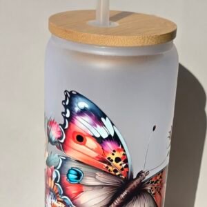 Butterfly 16oz Frosted Glass Tumbler with Bamboo Lid & Straw