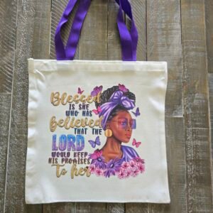 “Blessed Is She” Scripture Tote Bag – Faith-Based Canvas Bag with Purple Handles