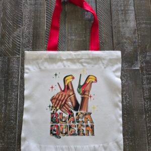 Black Queen Canvas Tote Bag – Tote with Red Handles & High Heels Graphic