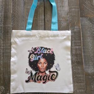 Black Girl Magic Canvas Tote Bag – Tote with Blue Handles & Butterfly Accents