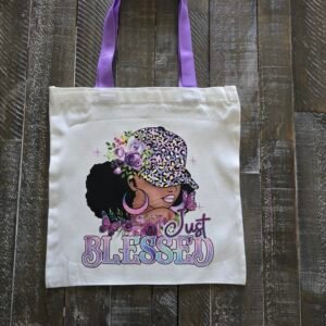 “Just Blessed”  Canvas Tote Bag – Inspirational Graphic Bag w/Purple Handles