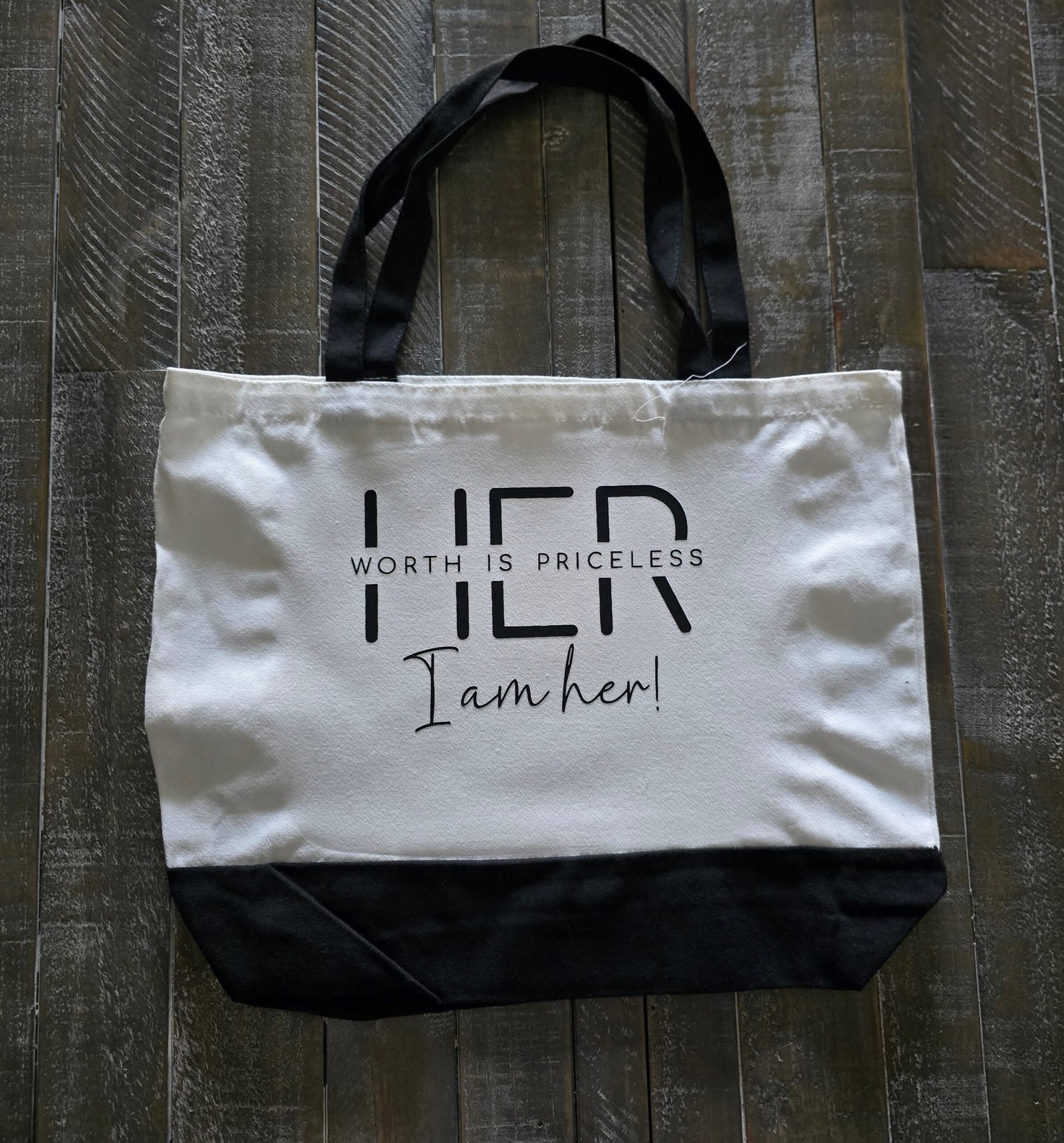 “HER – I Am Her!” Canvas Tote Bag – Empowerment Quote Bag with Black Handles & Bottom