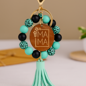 Stylish “MAMA” Beaded Keychain with Wood Charm and Tassel