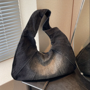 Black Washed Denim Hobo Shoulder Bag